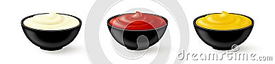 Mayonnaise, tomato ketchup and mustard sauces in black bowls on white background. Side view Vector Illustration